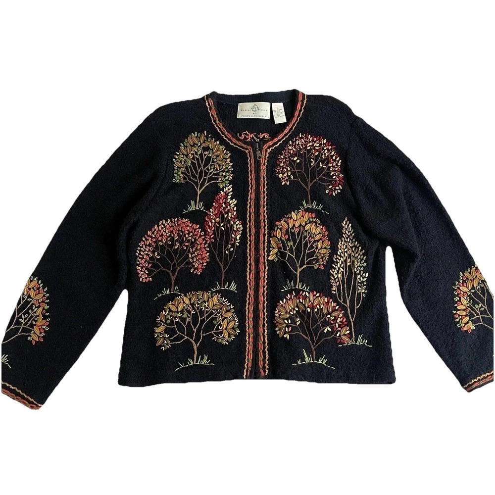 Design Options Large Tree Sweater Zip-Up Cardigan Sweater Felt Fall Embroidered‎